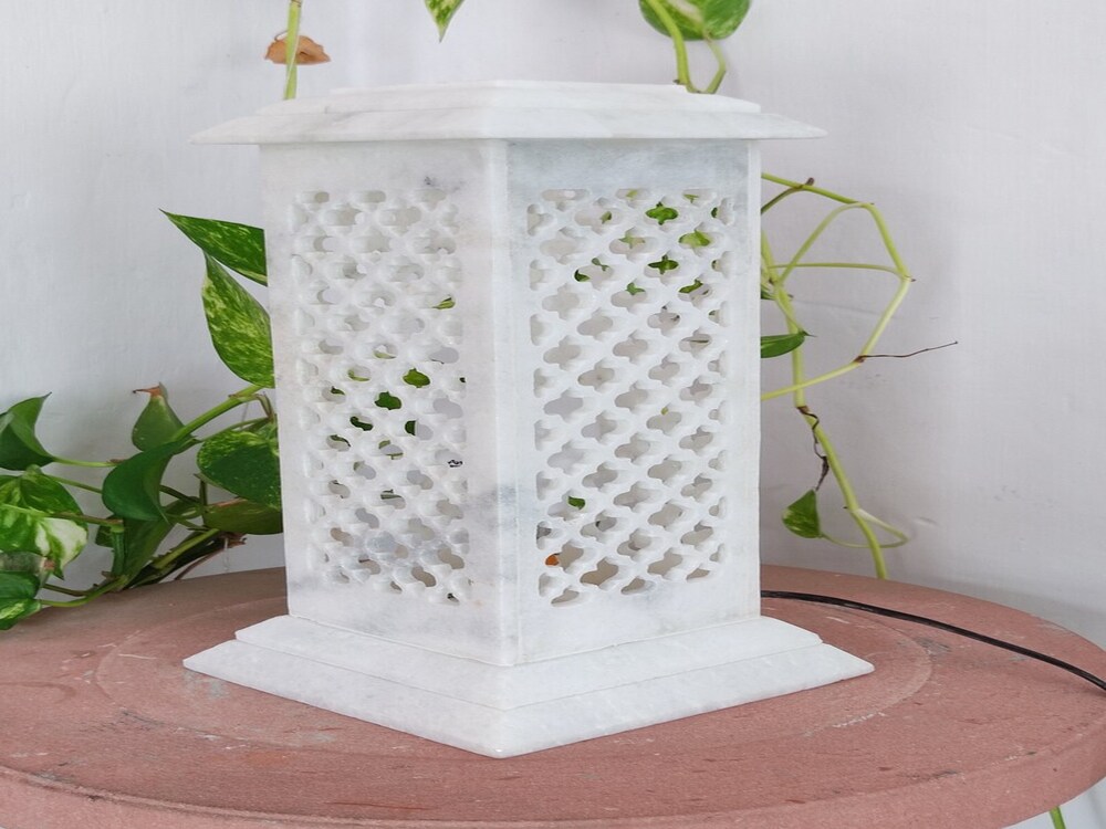 Decorative Marble Lamp, Jali Work Lamp, White Marble Decorative Lamp For Home Decor And Birthday Gift